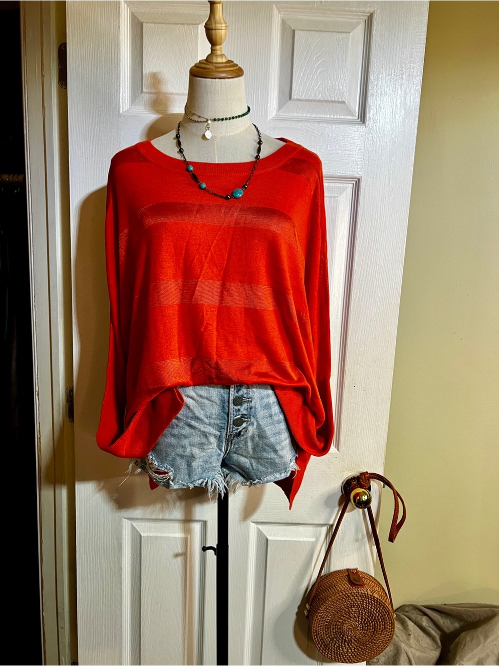 Trouve Wms Red Orange Knit Ribbed Striped Sheer Mesh Viscose Angora Dolman Top M